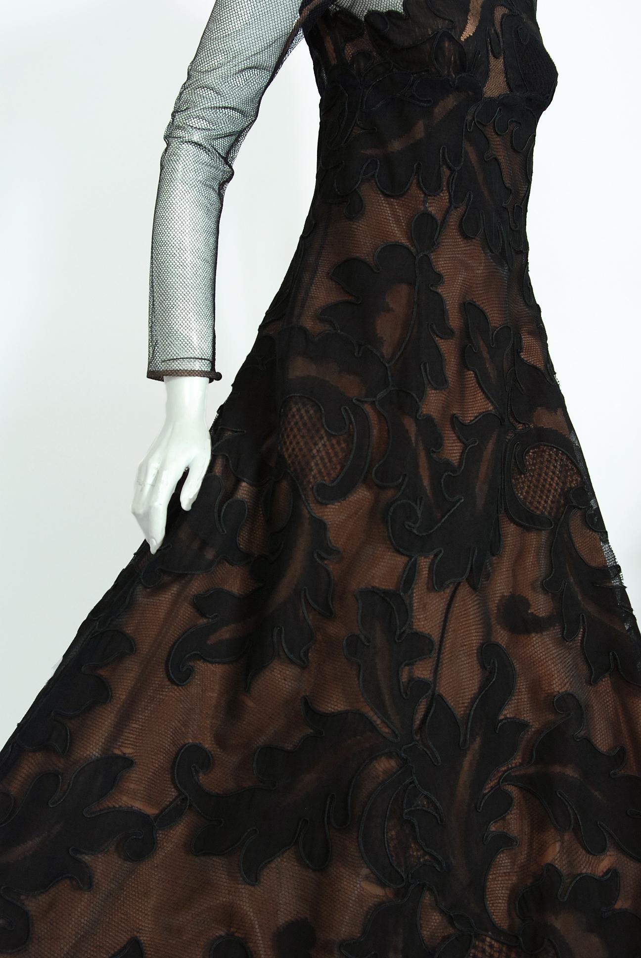 Black Vintage 1998 Pierre Balmain Haute Couture Sheer Illusion Appliqué Net Lace Gown For Sale