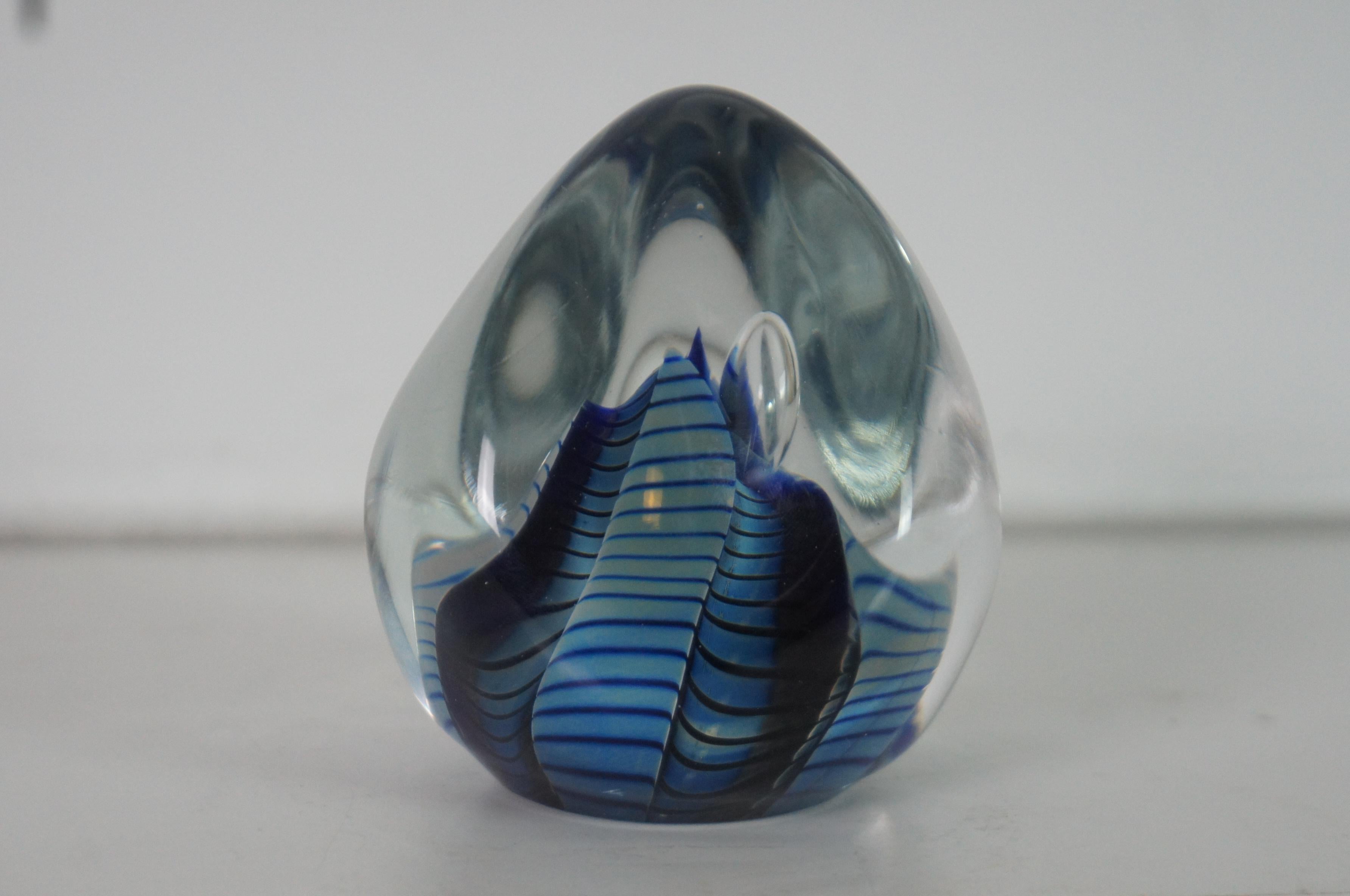 Late 20th Century 1998 Robert Eickholt Studio Art Glass Paperweight Abstract Blue Stripe