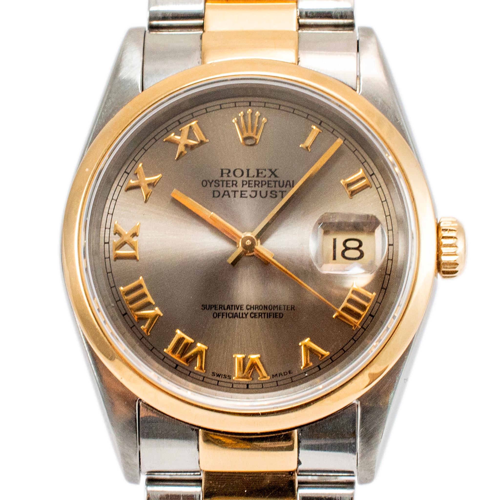 Brand: Rolex 

Gender: Ladies

Metal Type: Stainless Steel and 18K Yellow Gold

Diameter: 36.00 mm

Weight: 113.62 grams

One stainless steel and 18K yellow gold, ROLEX Swiss-made watch. The metals were tested and determined to be stainless steel