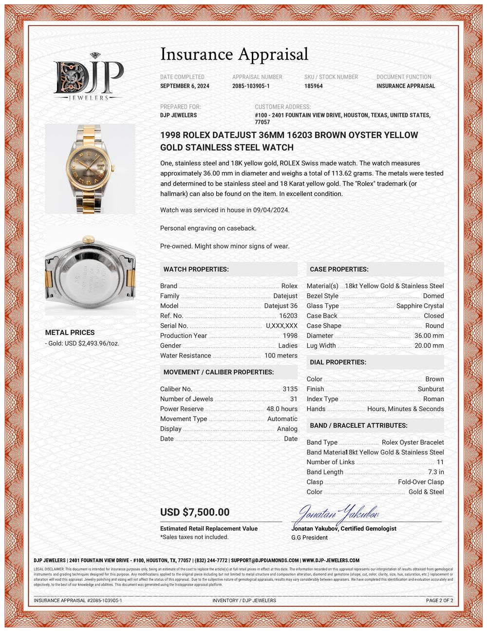 1998 Rolex Datejust 36MM 16203 Brown Oyster Yellow Gold Stainless Steel Watch 5