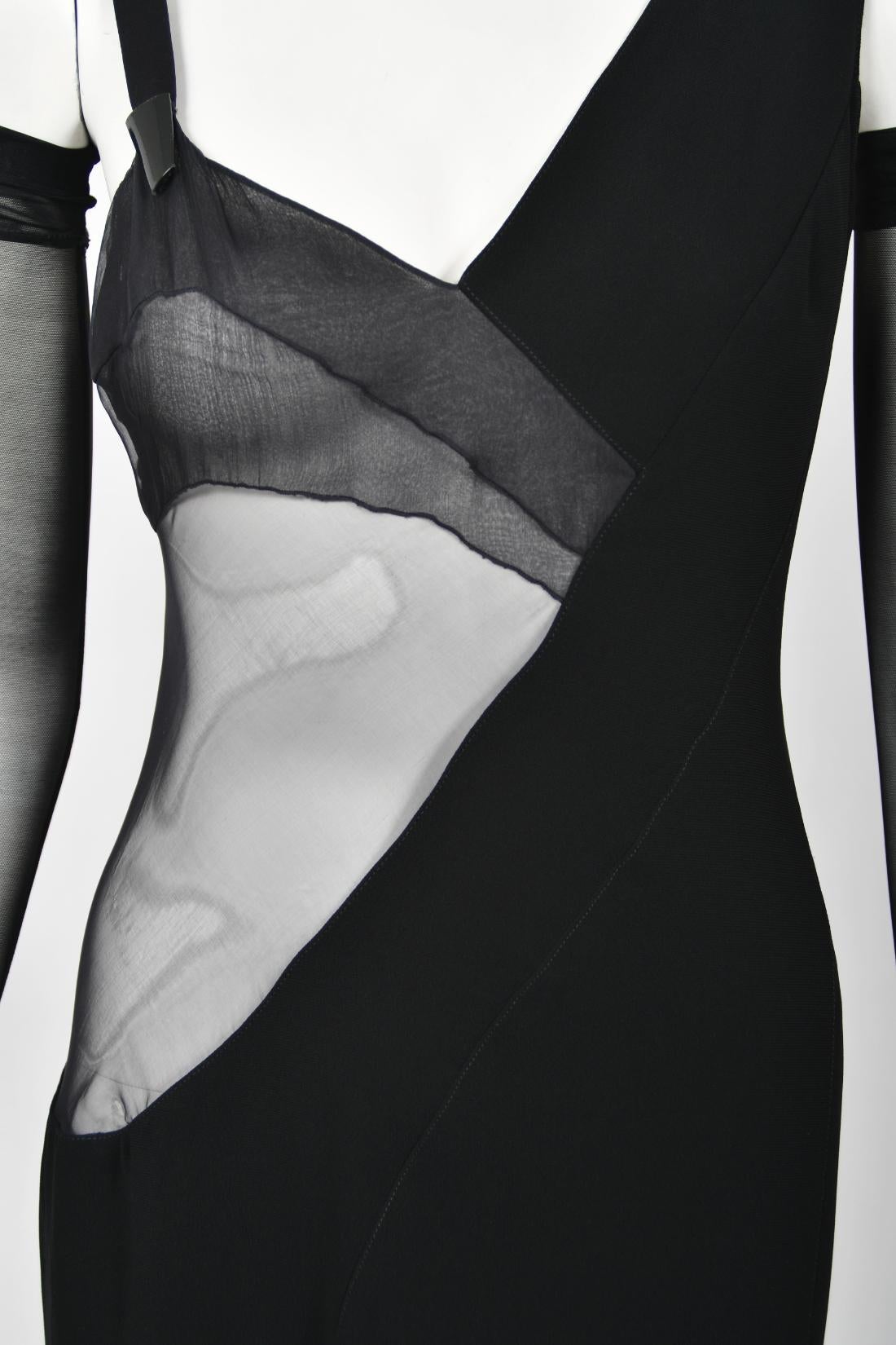 1998 Thierry Mugler Documented Runway Sheer Black Silk Asymmetric High-Slit Gown 6