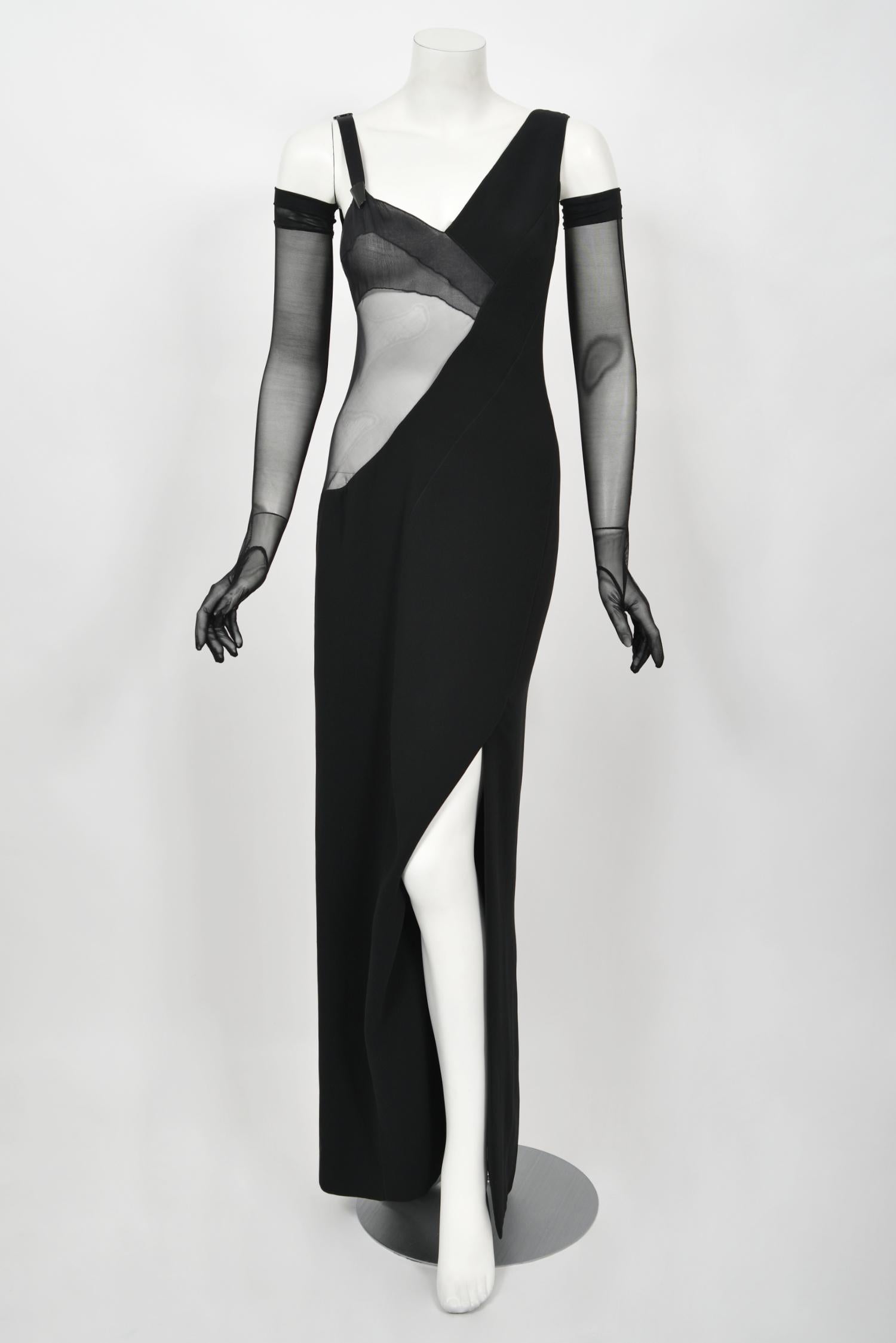 1998 Thierry Mugler Documented Runway Sheer Black Silk Asymmetric High-Slit Gown 9