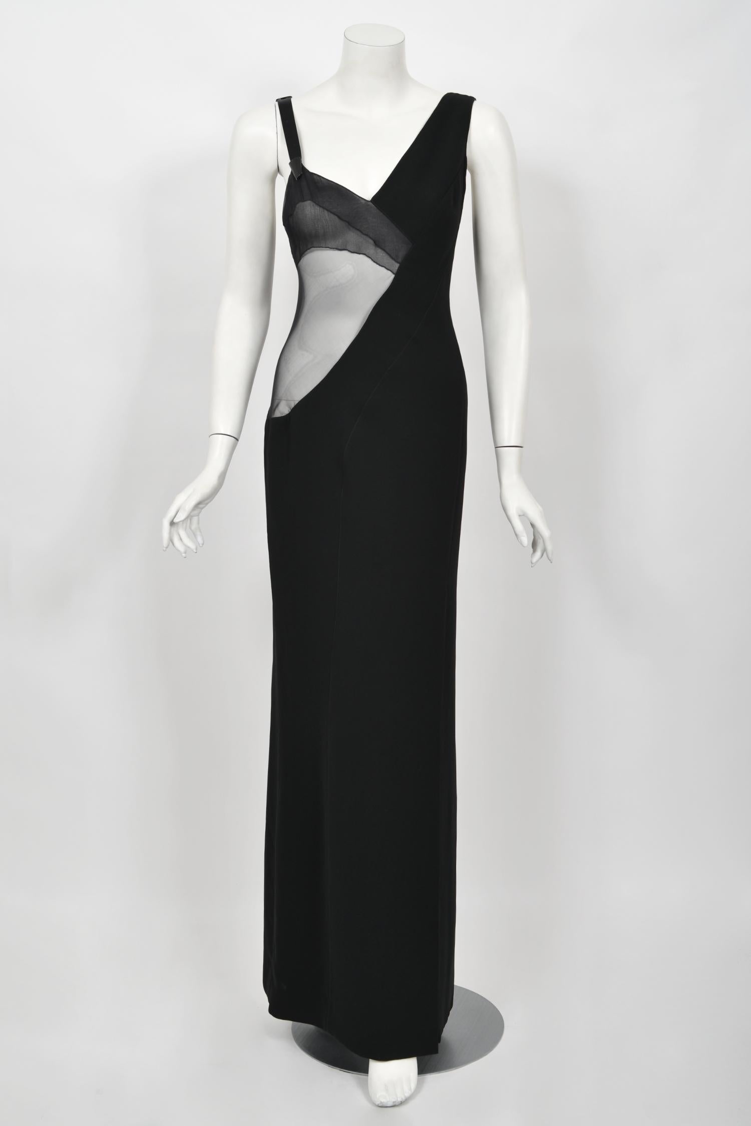 1998 Thierry Mugler Documented Runway Sheer Black Silk Asymmetric High-Slit Gown 10