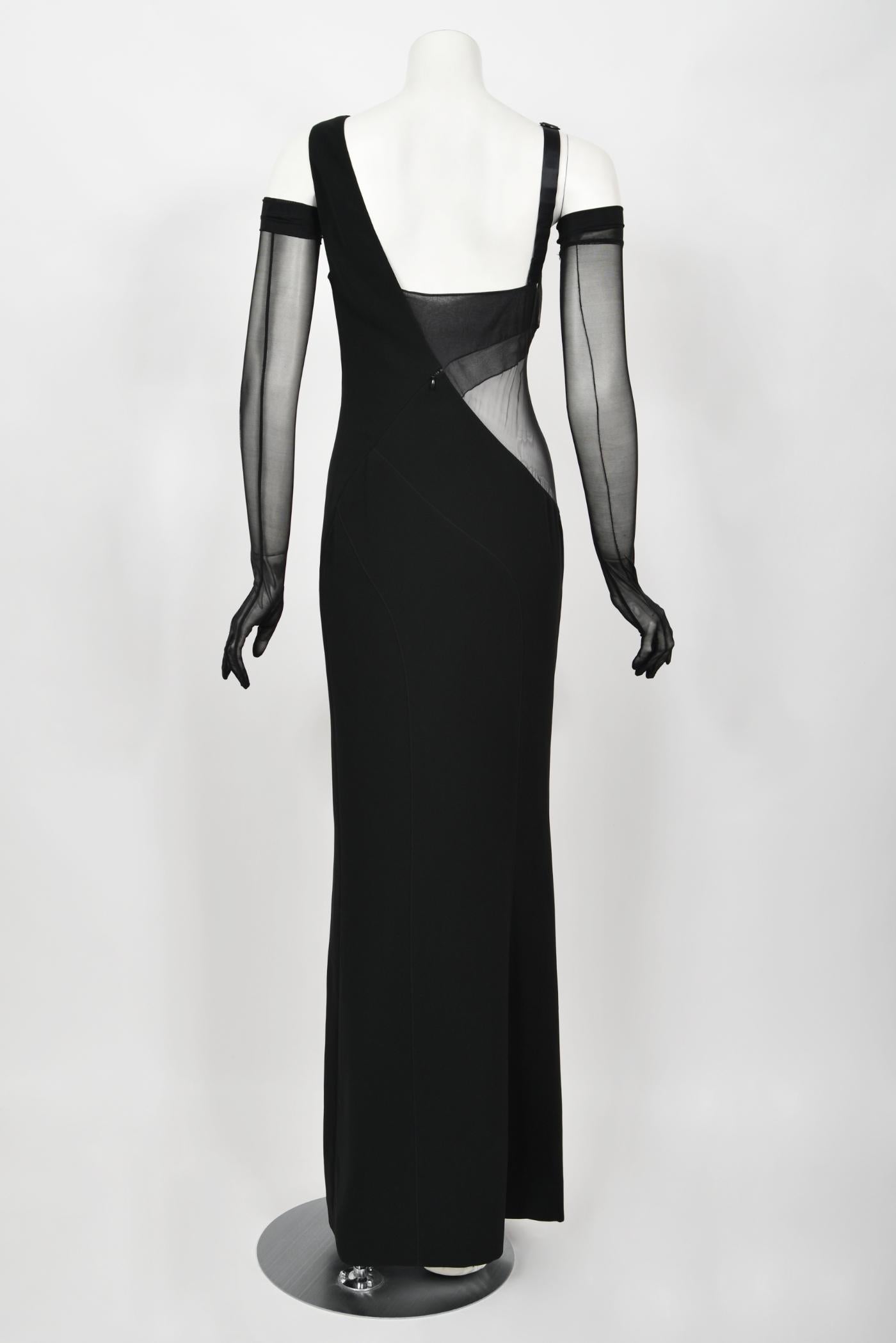 1998 Thierry Mugler Documented Runway Sheer Black Silk Asymmetric High-Slit Gown 11