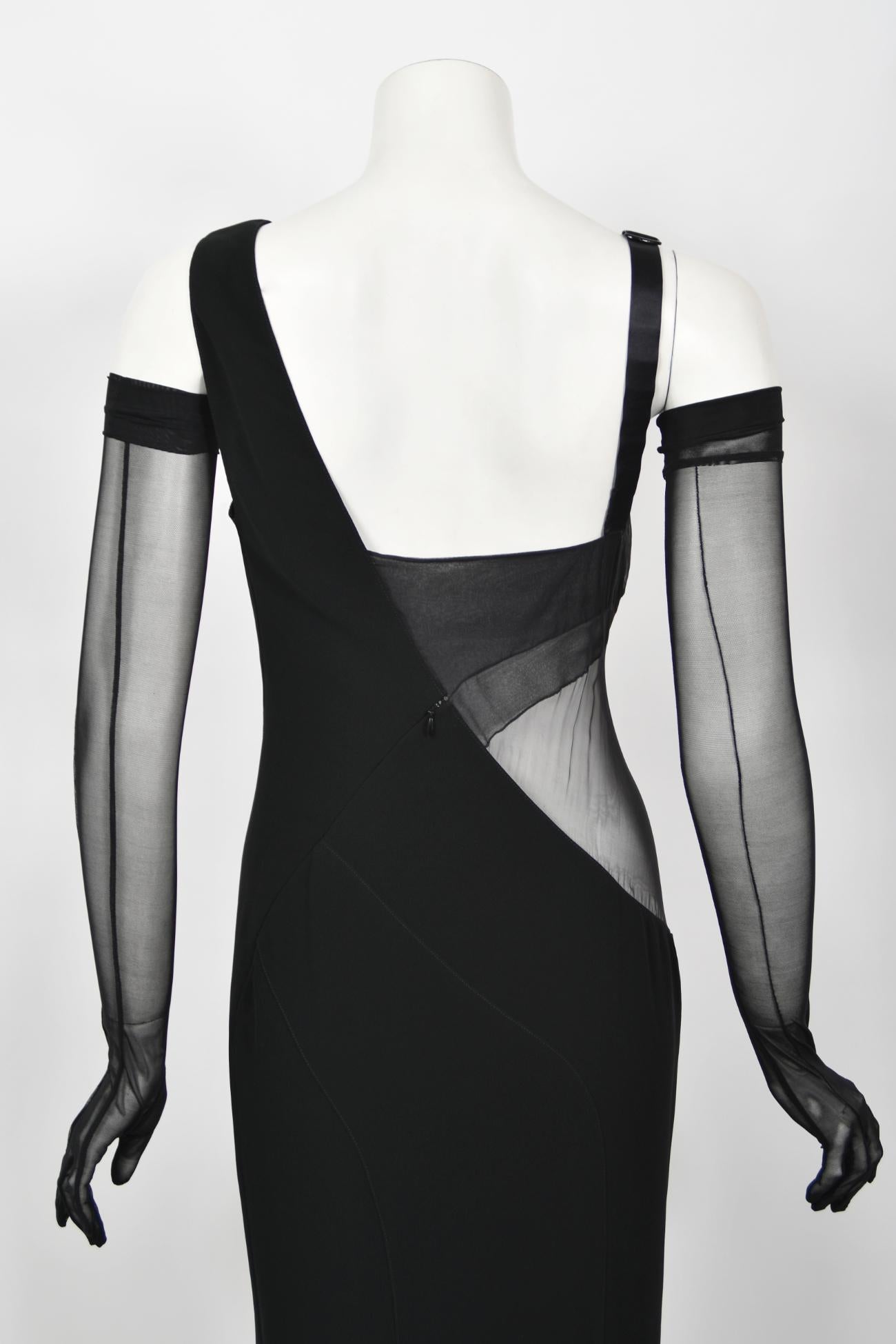 1998 Thierry Mugler Documented Runway Sheer Black Silk Asymmetric High-Slit Gown 12