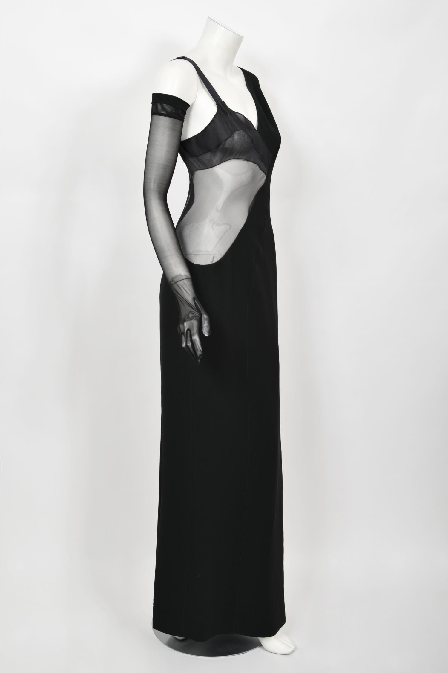 Women's 1998 Thierry Mugler Documented Runway Sheer Black Silk Asymmetric High-Slit Gown