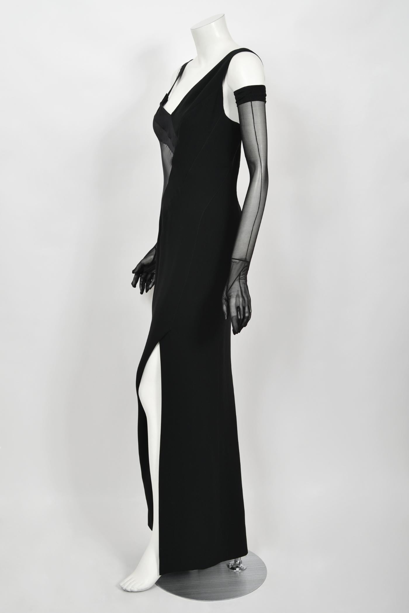 1998 Thierry Mugler Documented Runway Sheer Black Silk Asymmetric High-Slit Gown 4