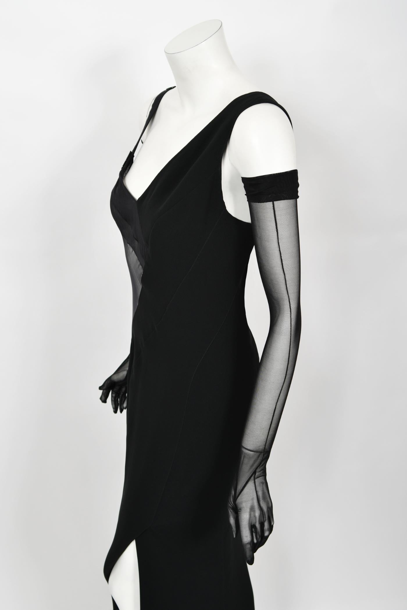 1998 Thierry Mugler Documented Runway Sheer Black Silk Asymmetric High-Slit Gown 5