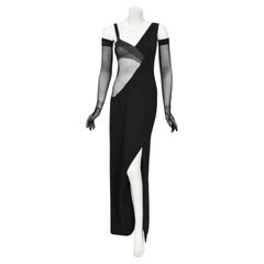Vintage 1998 Thierry Mugler Documented Runway Sheer Black Silk Asymmetric High-Slit Gown
