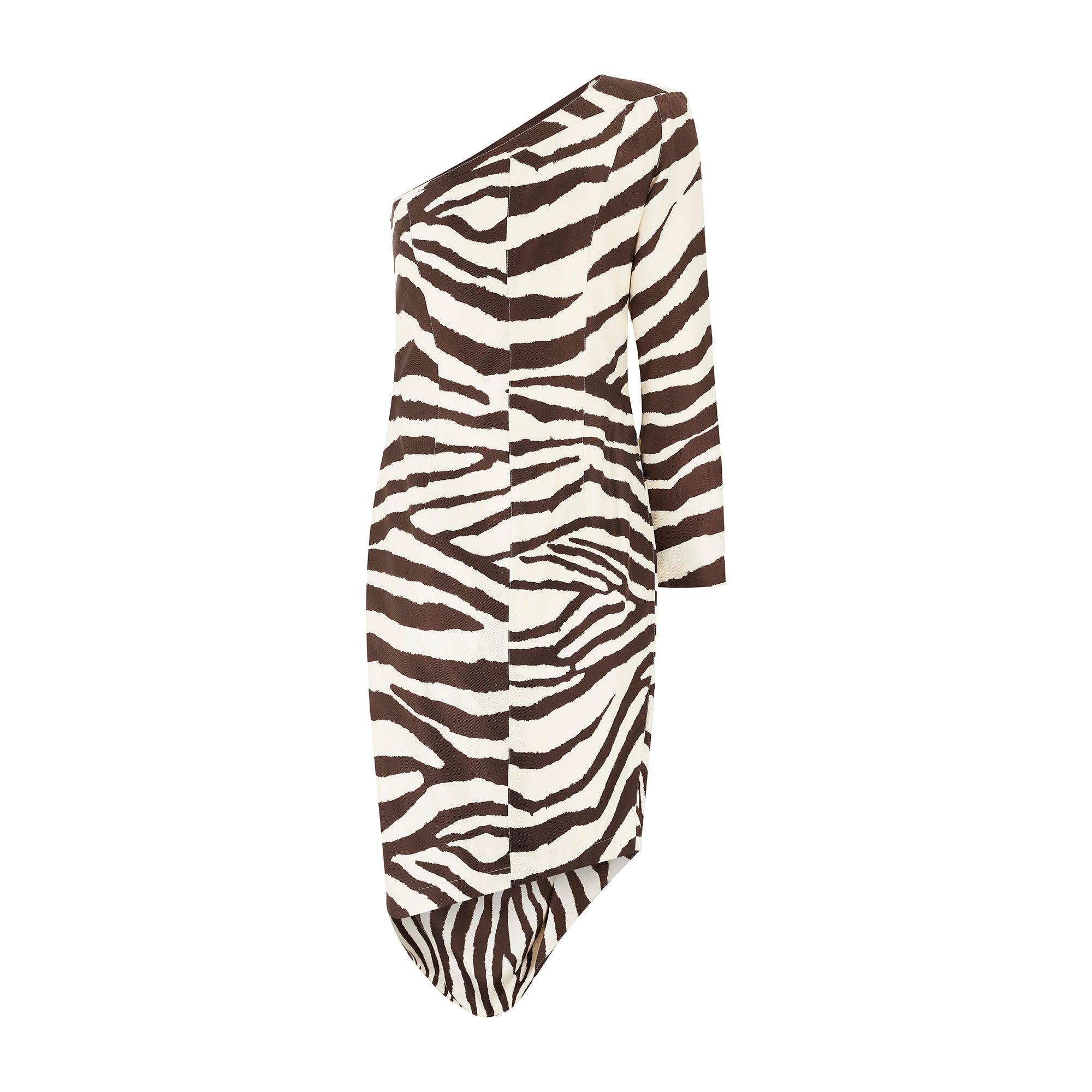 Beige 1998 Thierry Mugler Documented Zebra Print Silk One-Shoulder Dress