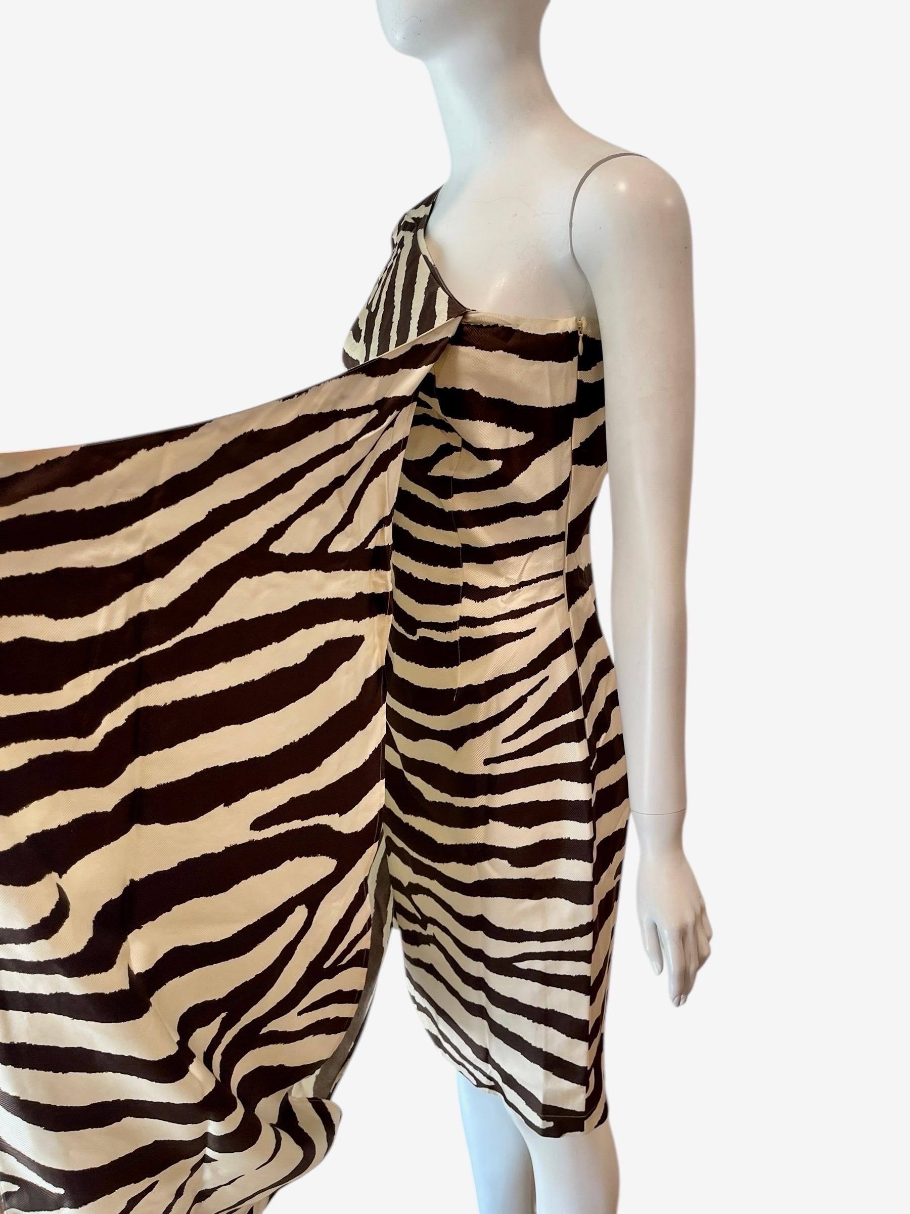 Gray 1998 Thierry Mugler runway silk zebra print draped one shoulder dress For Sale