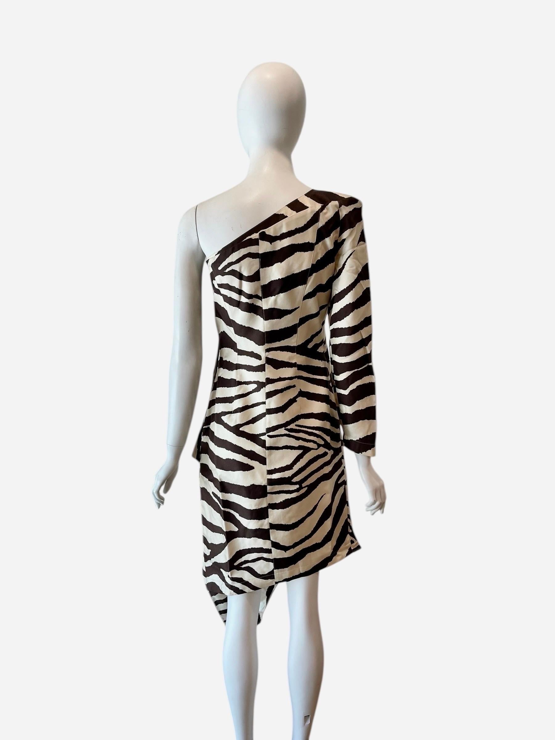 1998 Thierry Mugler runway silk zebra print draped one shoulder dress In Excellent Condition For Sale In Austin, TX