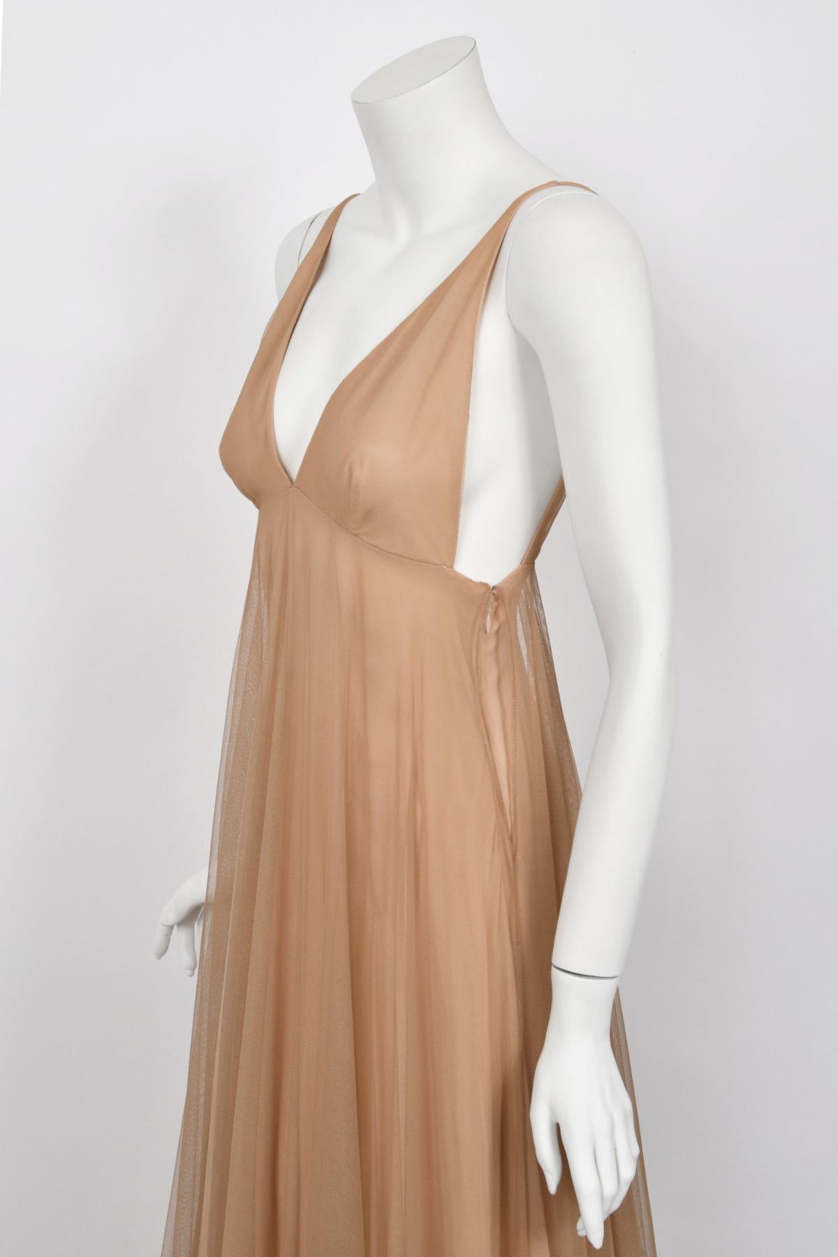 1998 Tom Ford for Gucci Runway 'Gisele' Nude Illusion Tulle Low-Cut Plunge Gown 5