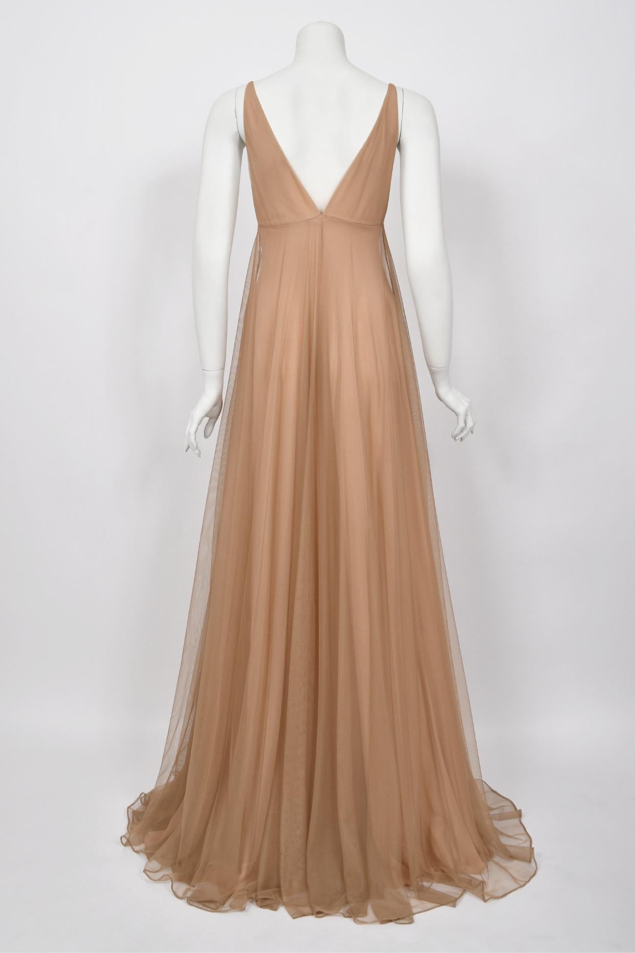 1998 Tom Ford for Gucci Runway 'Gisele' Nude Illusion Tulle Low-Cut Plunge Gown 6