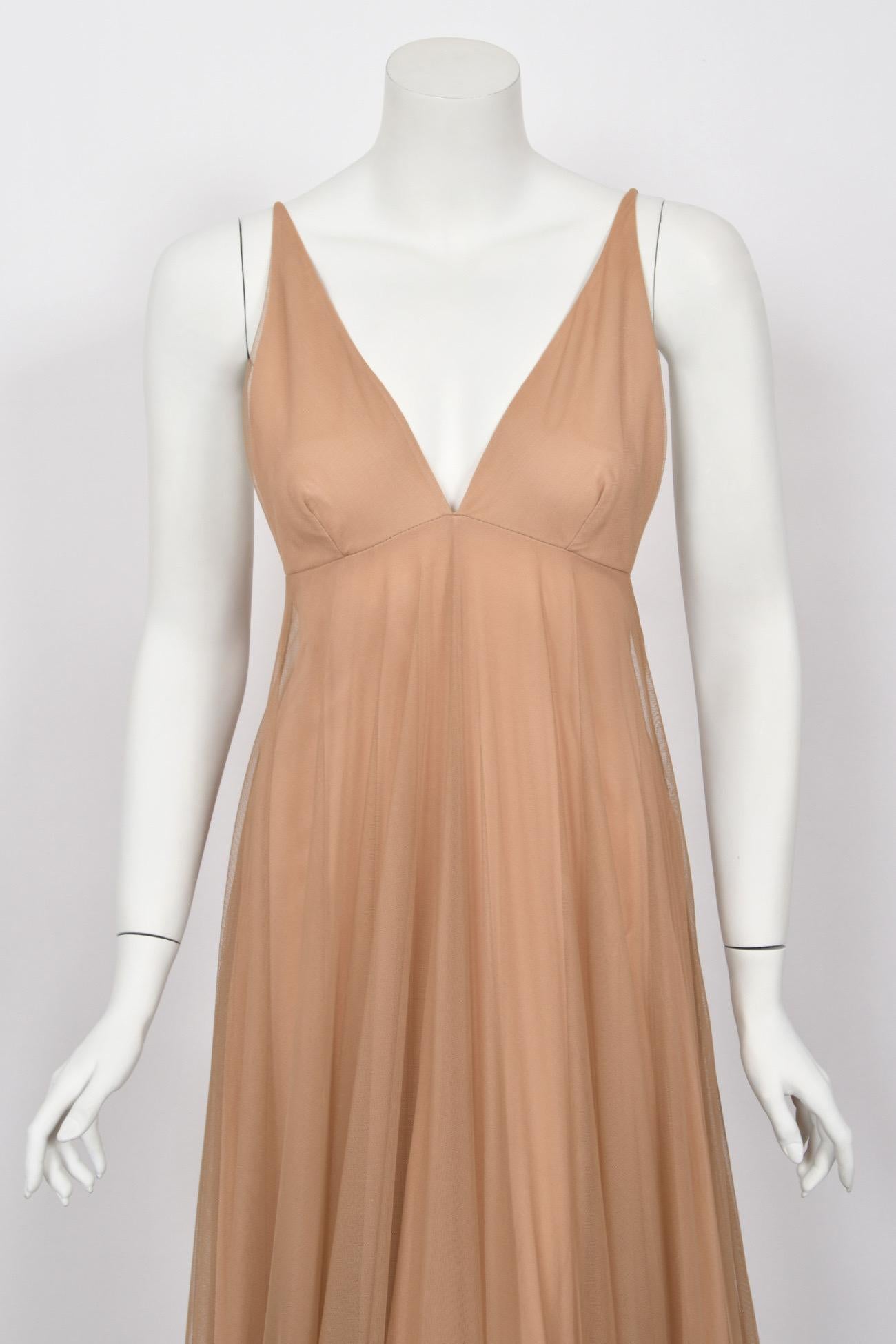 Women's 1998 Tom Ford for Gucci Runway 'Gisele' Nude Illusion Tulle Low-Cut Plunge Gown