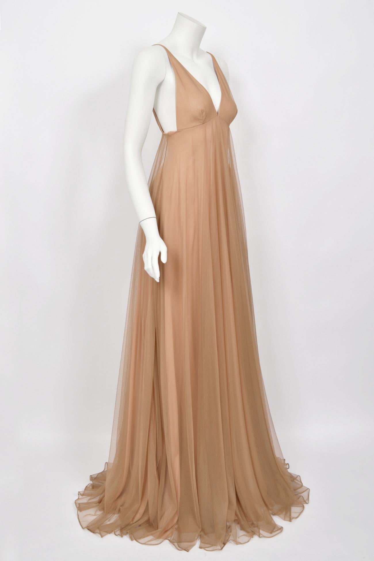 1998 Tom Ford for Gucci Runway 'Gisele' Nude Illusion Tulle Low-Cut Plunge Gown 1