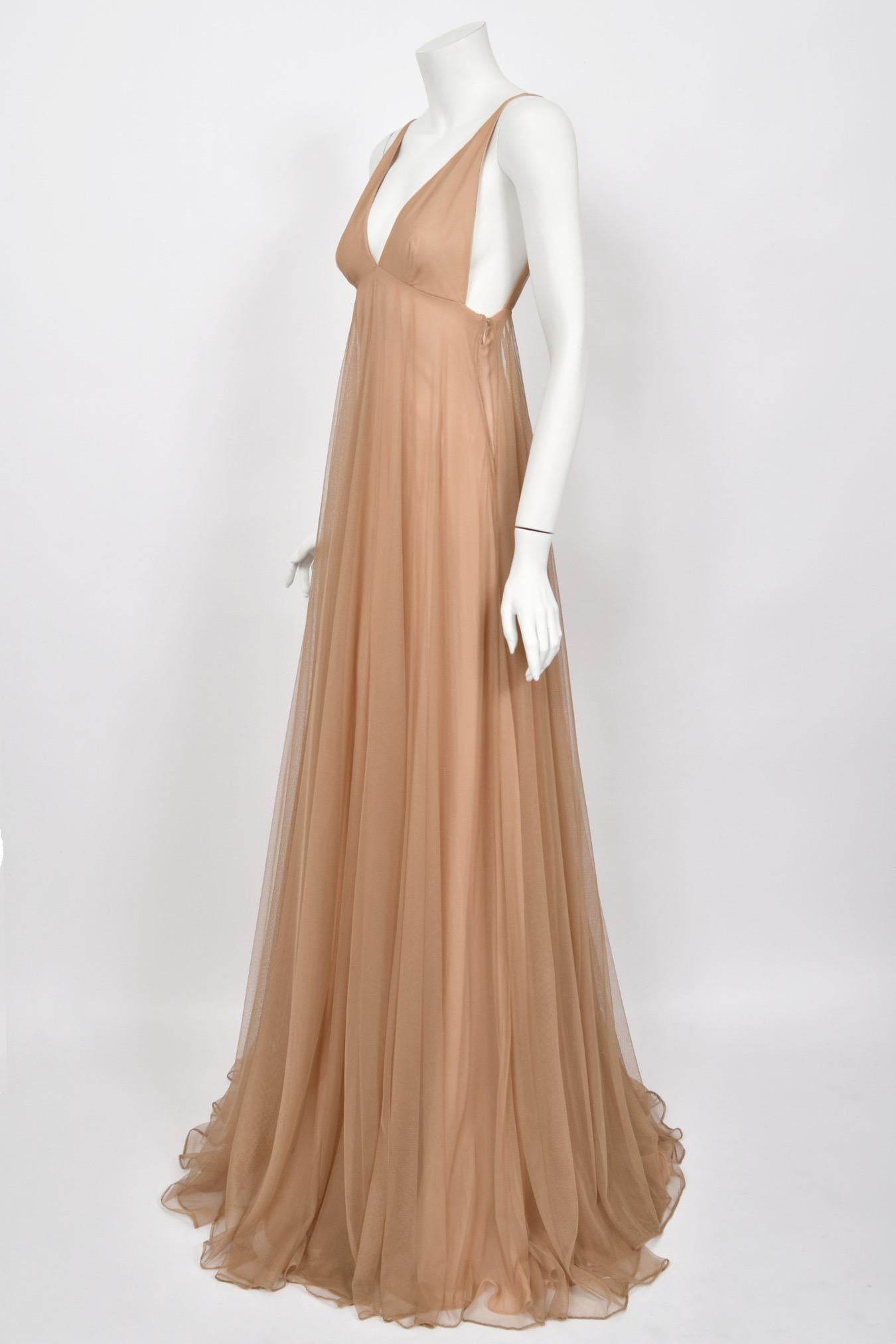 1998 Tom Ford for Gucci Runway 'Gisele' Nude Illusion Tulle Low-Cut Plunge Gown 4