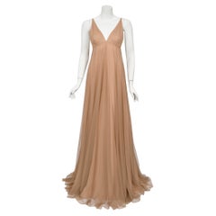 1998 Tom Ford for Gucci Runway 'Gisele' Nude Illusion Tulle Low-Cut Plunge Gown