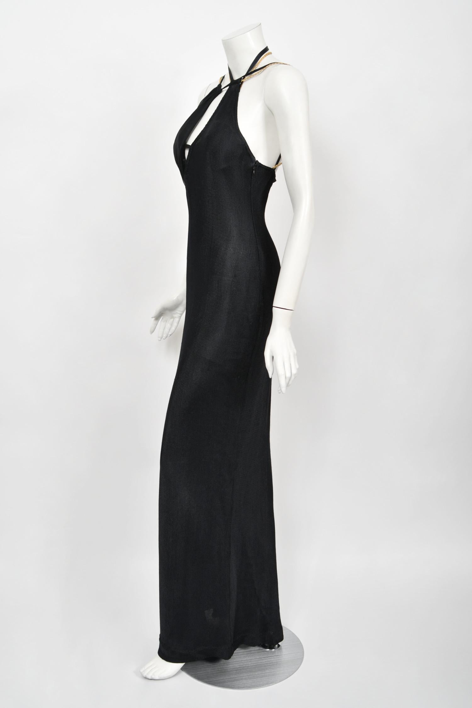 1998 Versace Couture Black Stretch Knit & Sheer Silk Cut-Out Hourglass Gown  6