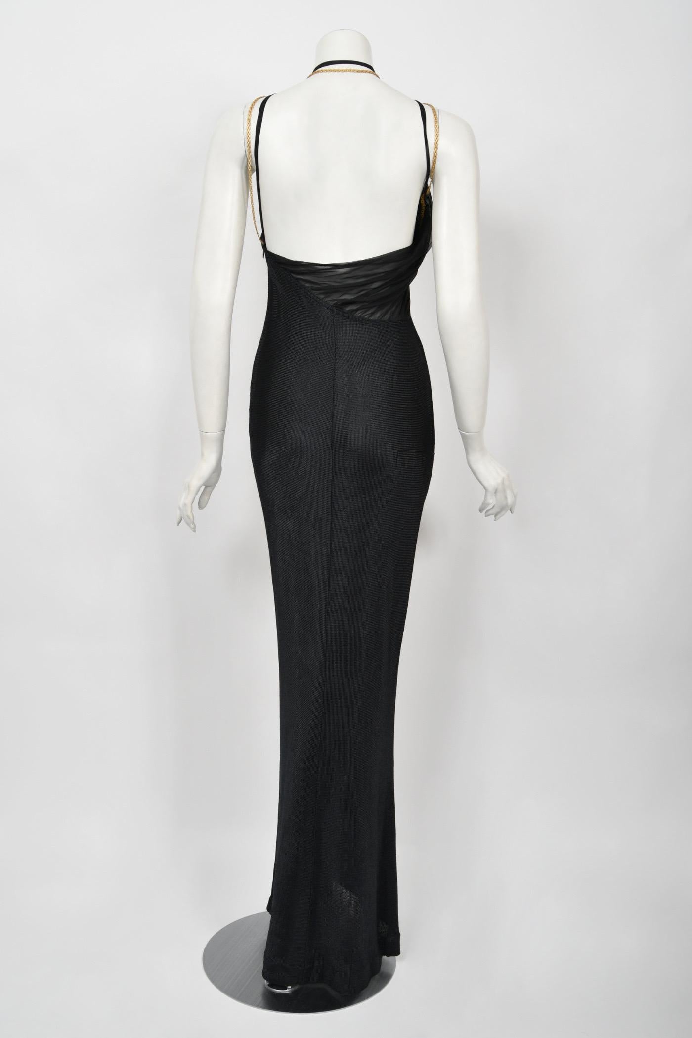 1998 Versace Couture Black Stretch Knit & Sheer Silk Cut-Out Hourglass Gown  7