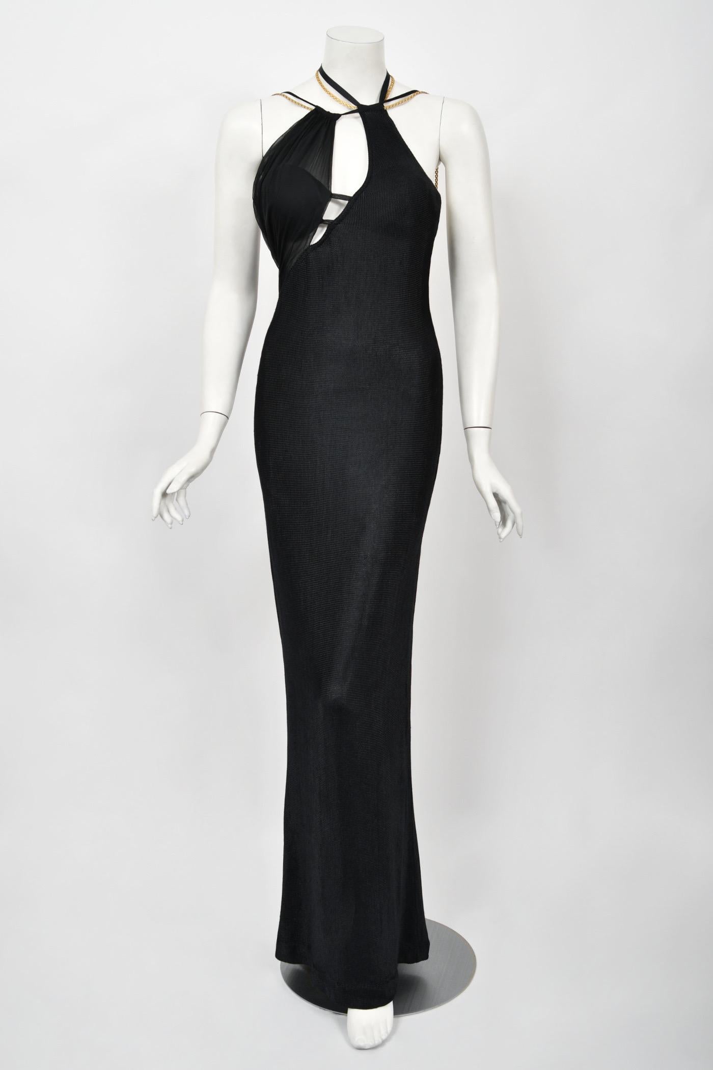 1998 Versace Couture Black Stretch Knit & Sheer Silk Cut-Out Hourglass Gown  In Good Condition In Beverly Hills, CA