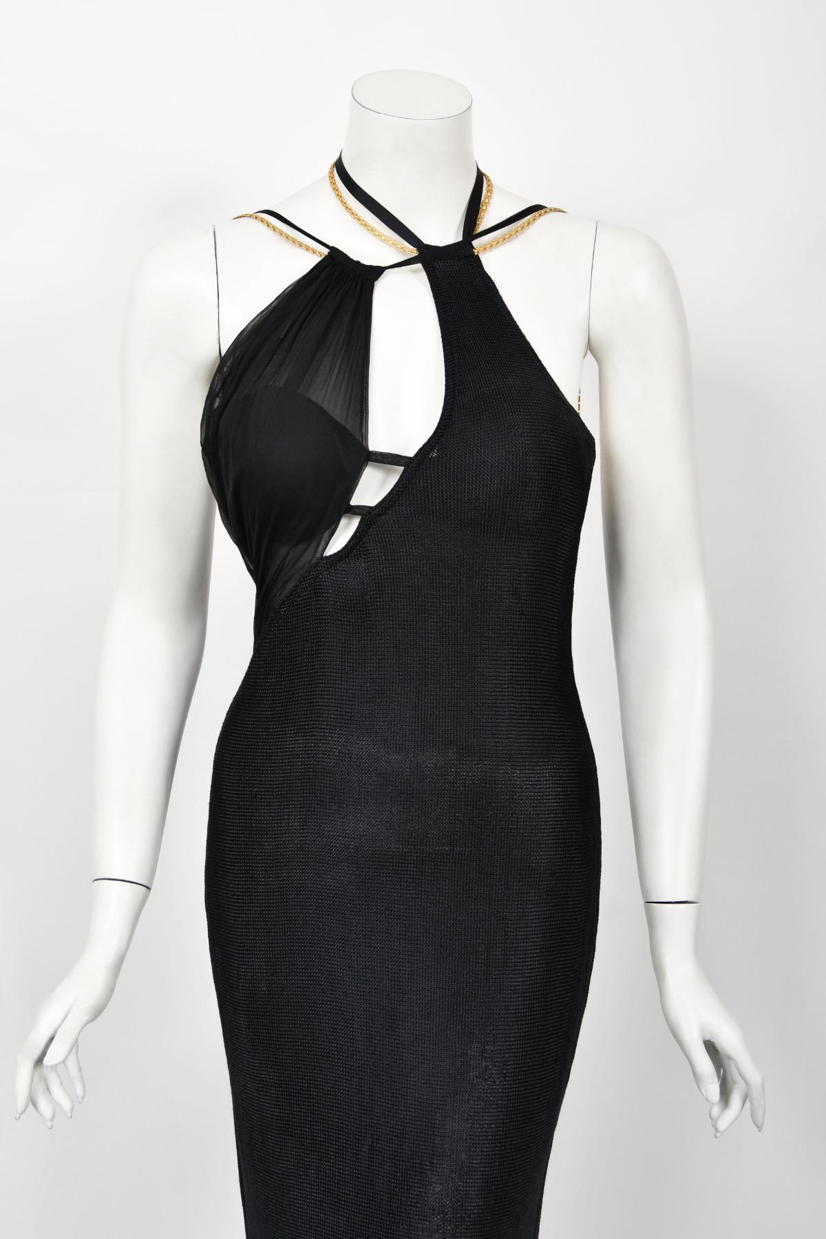 Women's 1998 Versace Couture Black Stretch Knit & Sheer Silk Cut-Out Hourglass Gown 