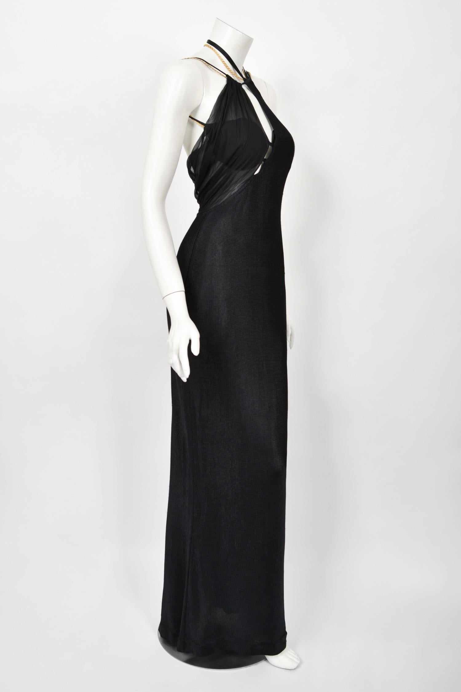 1998 Versace Couture Black Stretch Knit & Sheer Silk Cut-Out Hourglass Gown  4