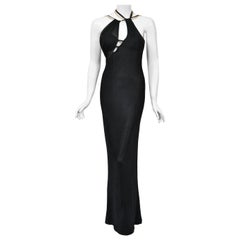 1998 Versace Couture Black Stretch Knit & Sheer Silk Cut-Out Hourglass Gown