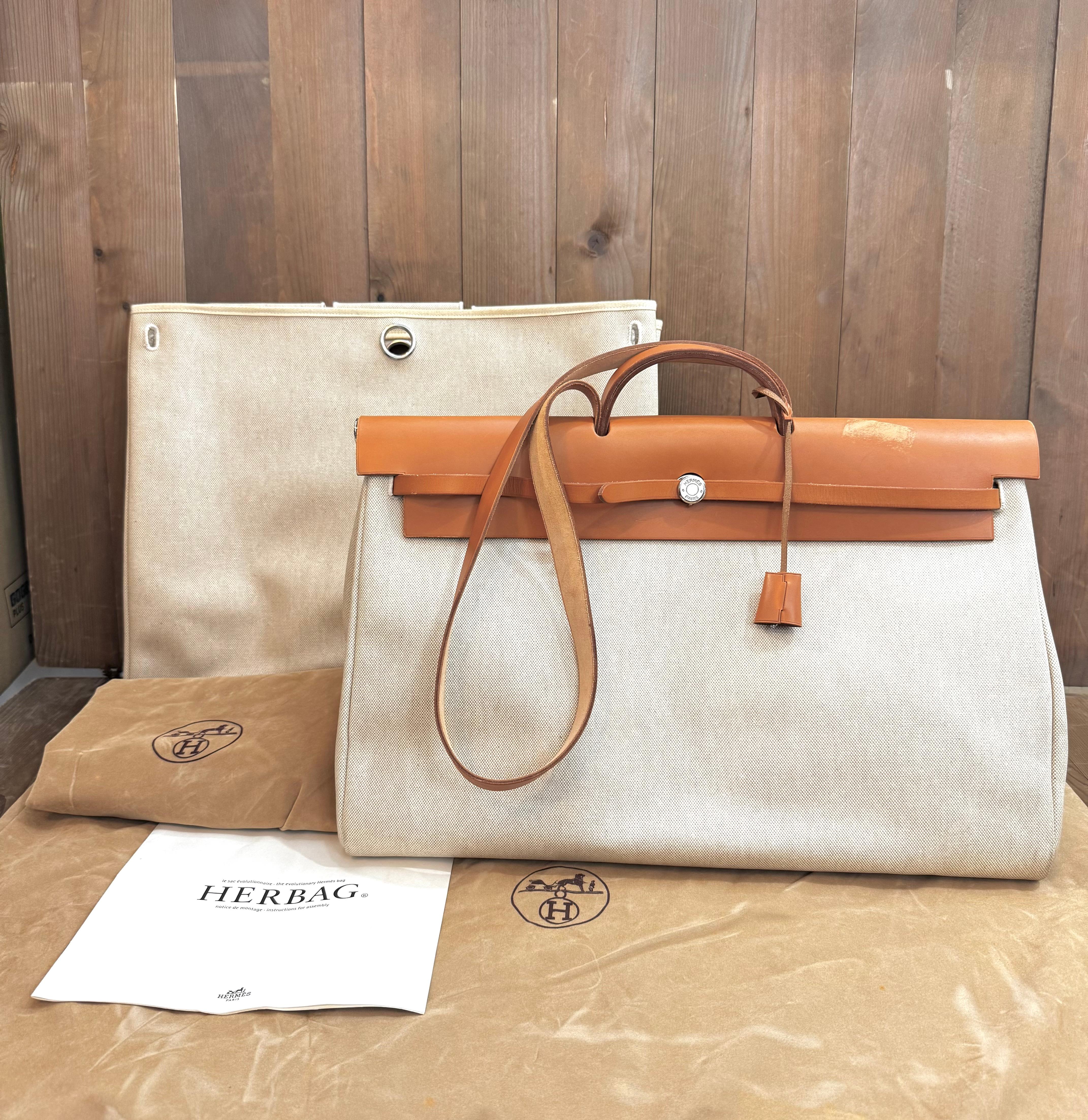 1998 Vintage HERMES Herbag 2 in 1 Toile Travel Bag GM 50 Brown Cream For Sale 8