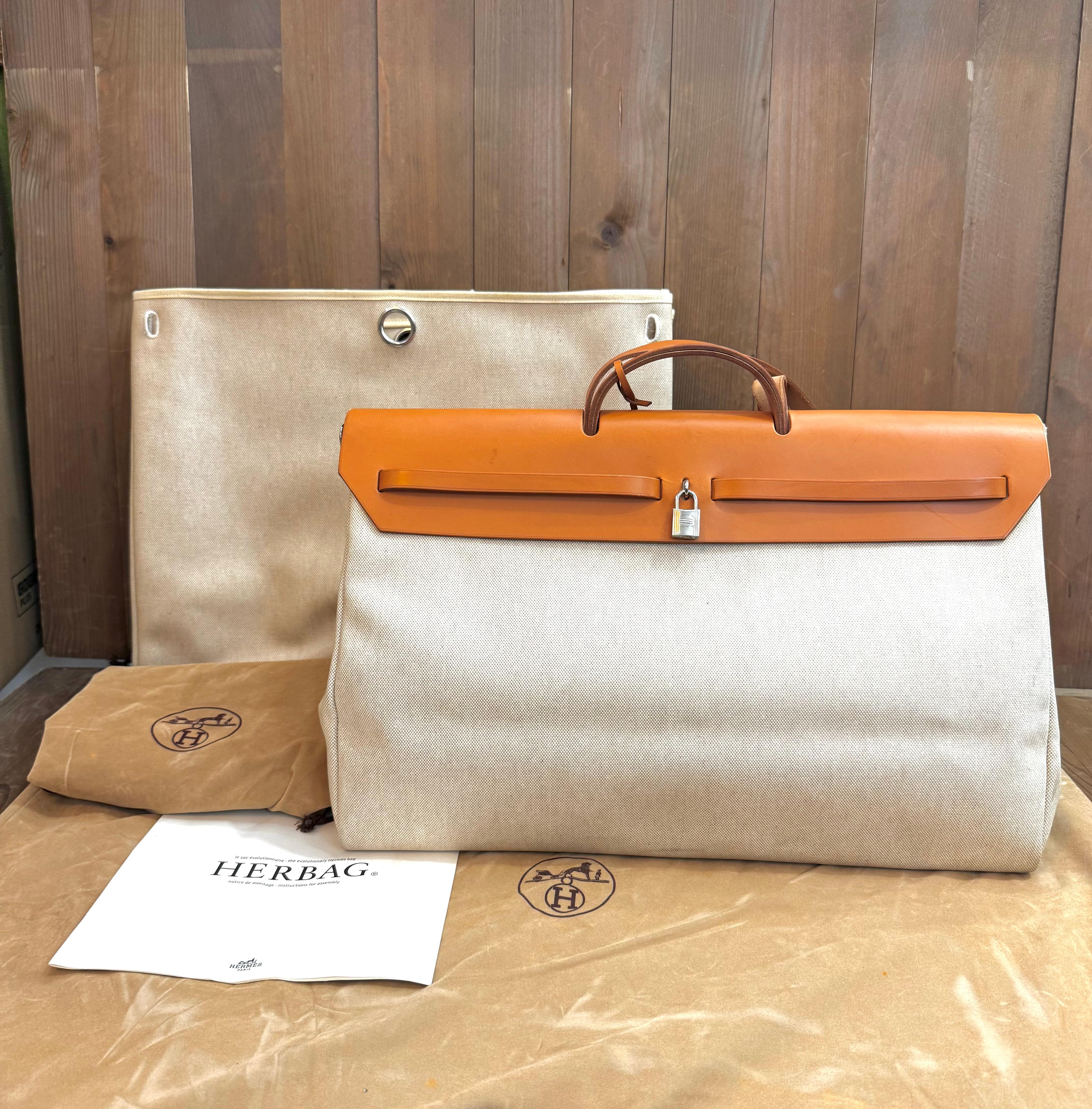 1998 Vintage HERMES Herbag 2 in 1 Toile Travel Bag GM 50 Brown Cream For Sale 9