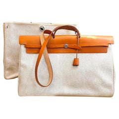 Vintage HERMES Herbag Beige Off-white 2 in 1 Toile Travel Bag GM 50