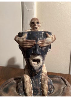 1998 Wesley Anderegg Raku Fired Figural Earthenware Cup / Saucer Set