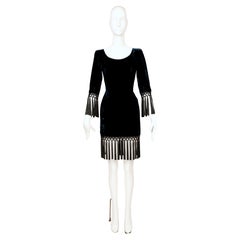 1998 YVES SAINT LAURENT petrol blue velvet RUNWAY dress with long black fringe