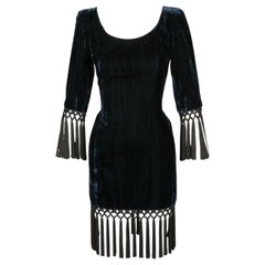 1998 YVES SAINT LAURENT petrol blue velvet RUNWAY dress with long black fringe