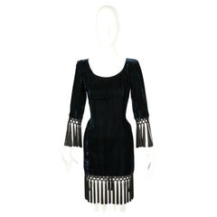 1998 YVES SAINT LAURENT petrol blue velvet RUNWAY dress with long black fringe