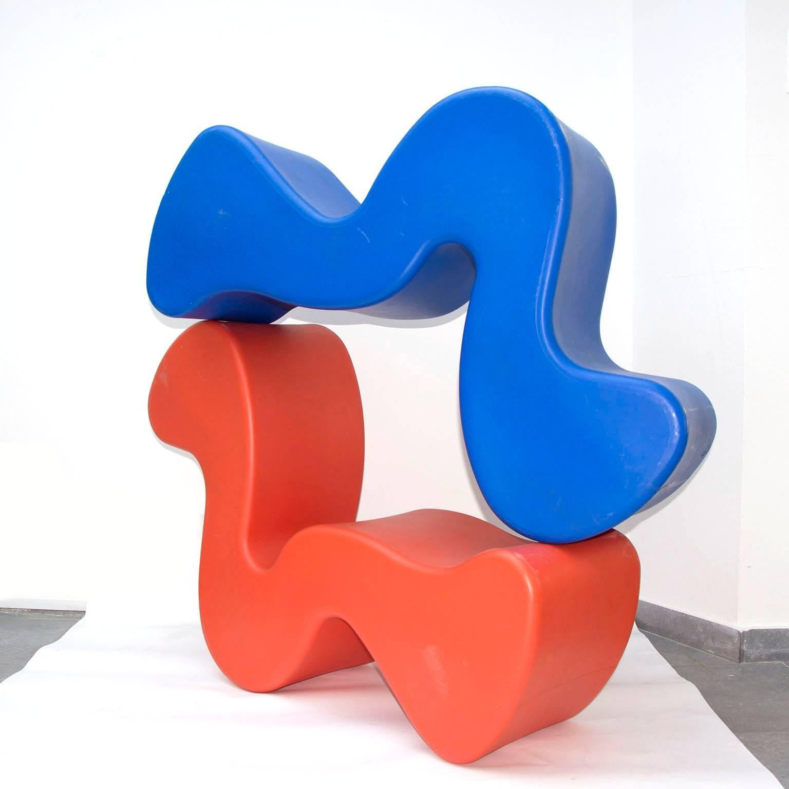 Set of five phantoms. Original set of phantom chairs or tables in plastic including marks and stamps. Multiuse chair, bench, table designed by Verner Panton. By rotating the form you can change its function; high back lounge chair, deep seated