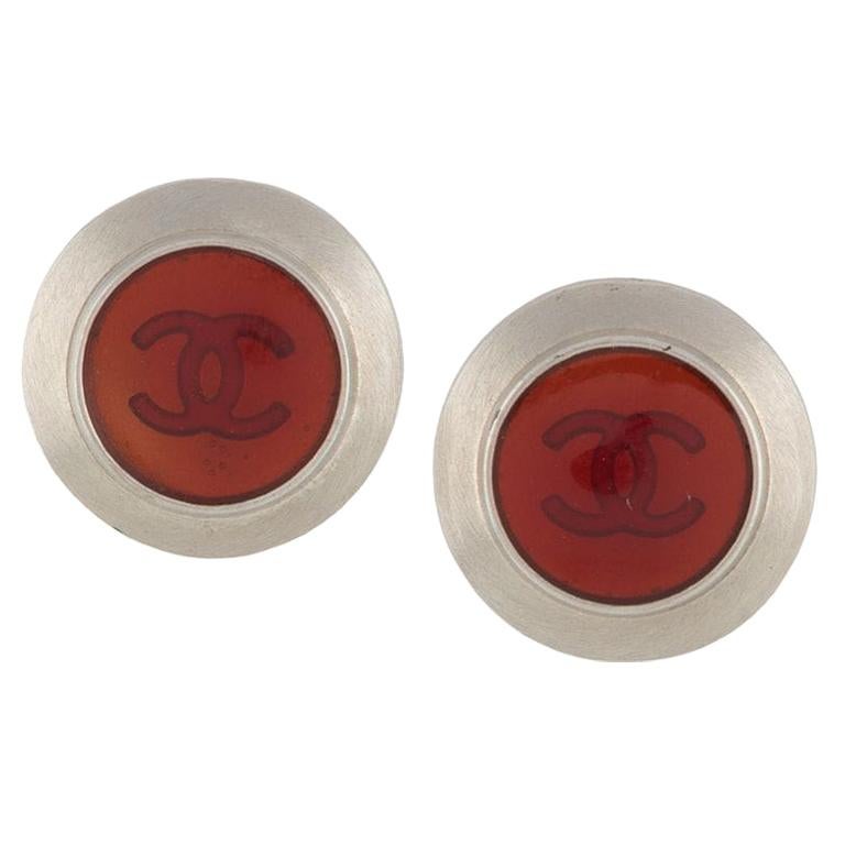 1998s Chanel Logo Red and Silver Tone Earrings