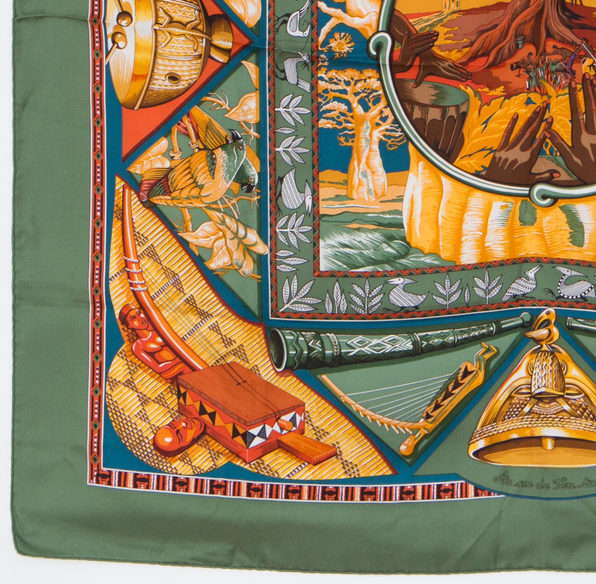 1998s Hermes Au Son du Tam Tam by Laurence Bourthoumieux Toutsy Silk Scarf In Excellent Condition In Paris, FR