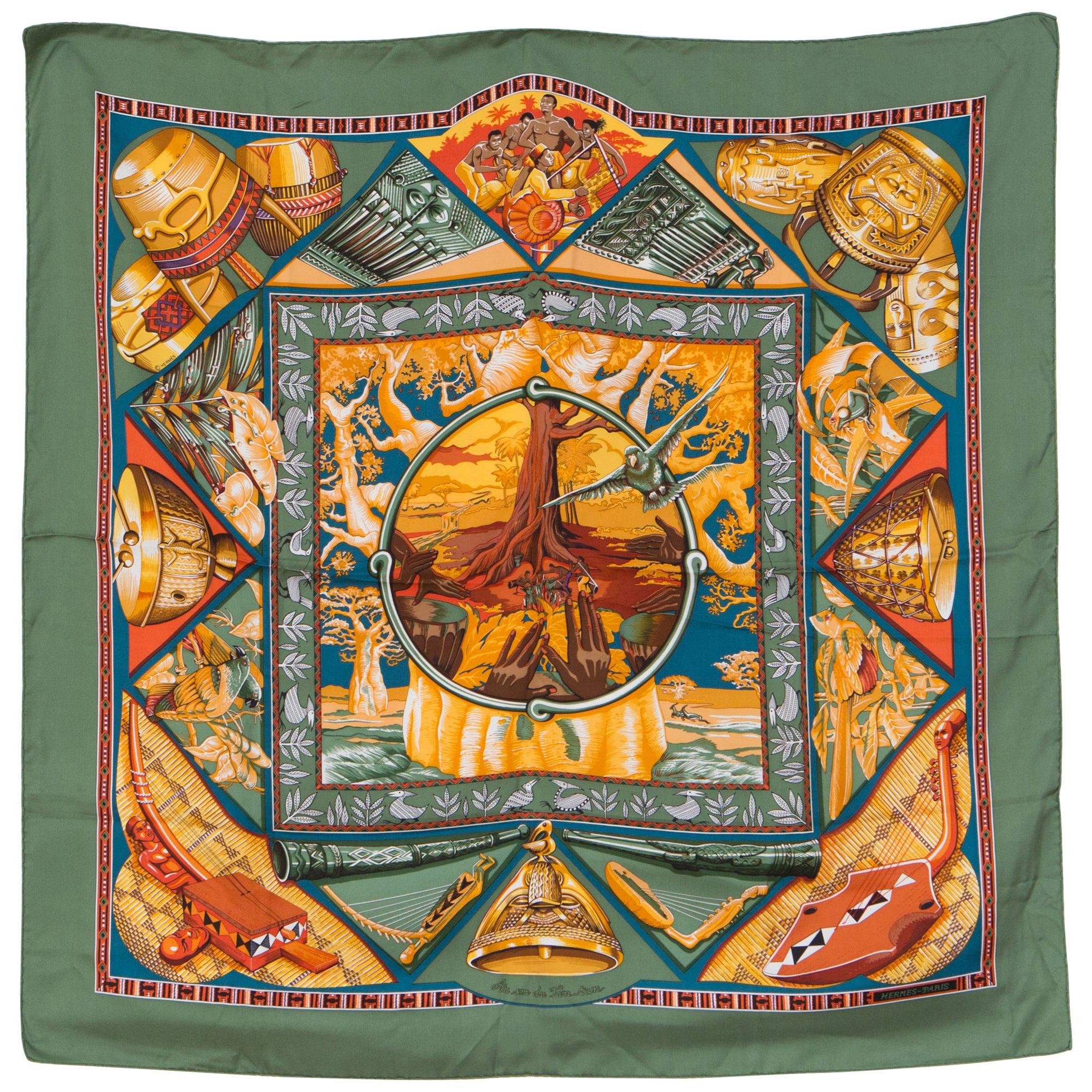 1998s Hermes Au Son du Tam Tam by Laurence Bourthoumieux Toutsy Silk Scarf