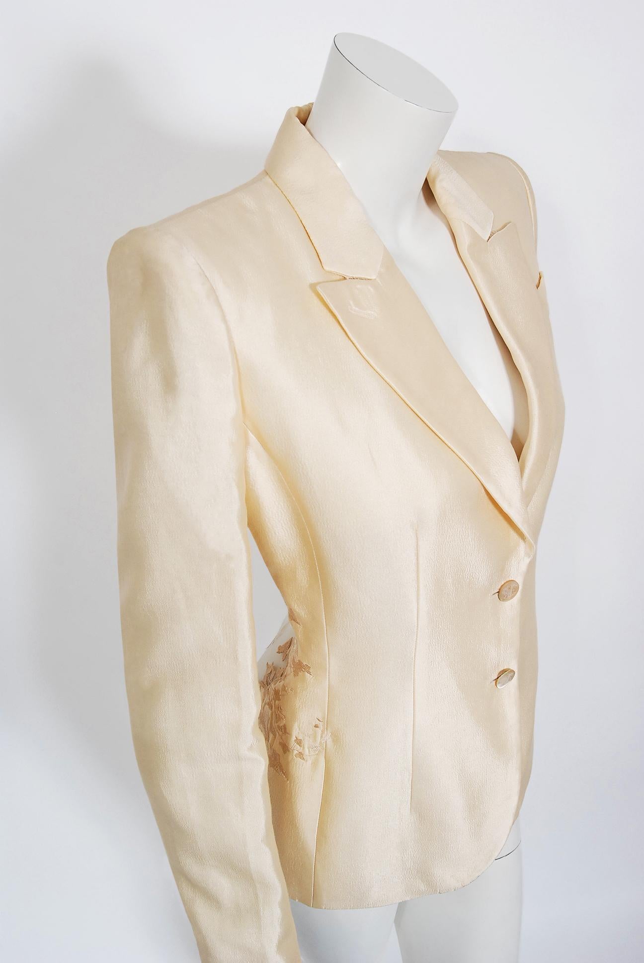 Women's 1999 Alexander Mcqueen Lifetime Creme Silk Embroidered Illusion Blazer Jacket