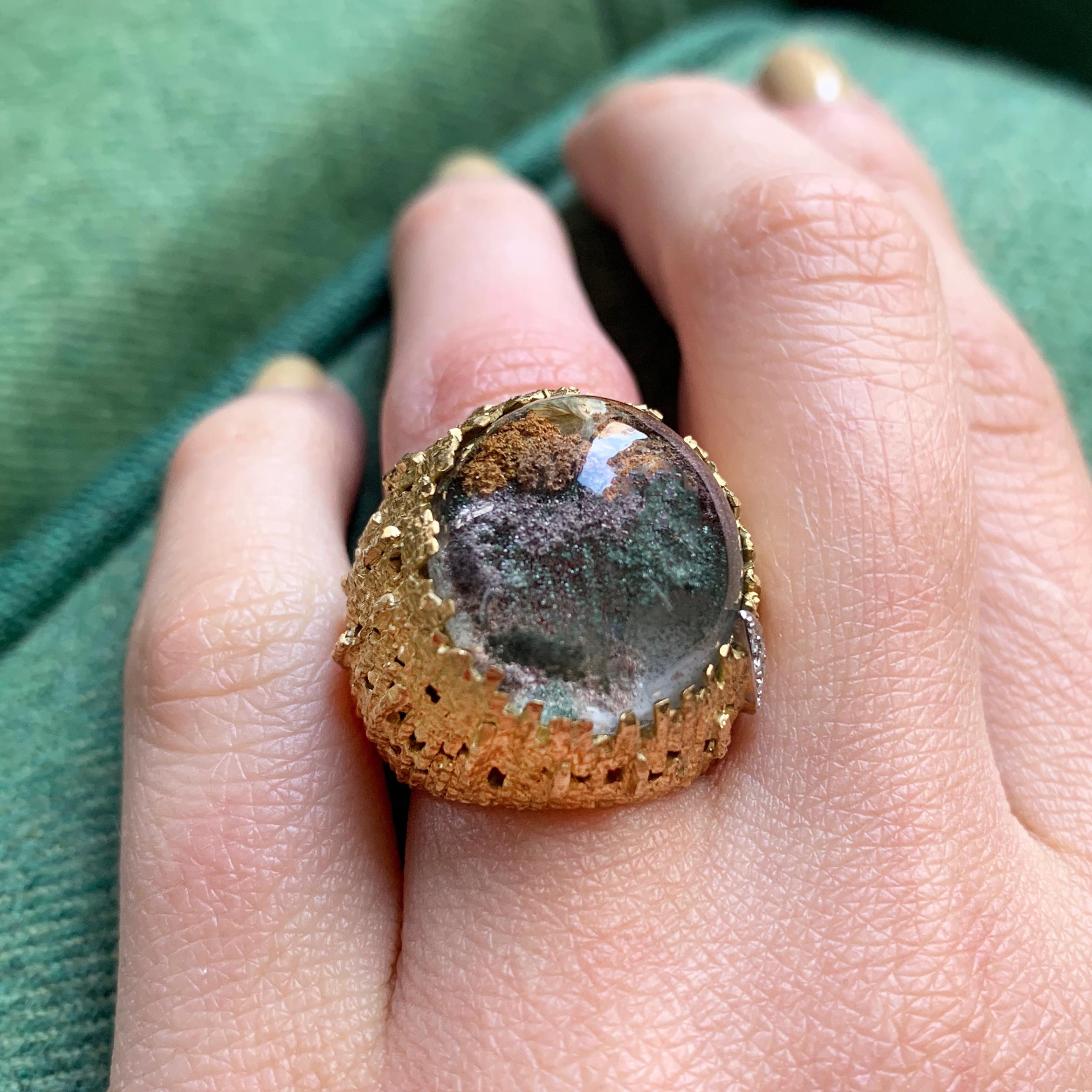 Modernist 1999 Andrew Grima Dendritic Agate, Diamond and Textured Gold Ring