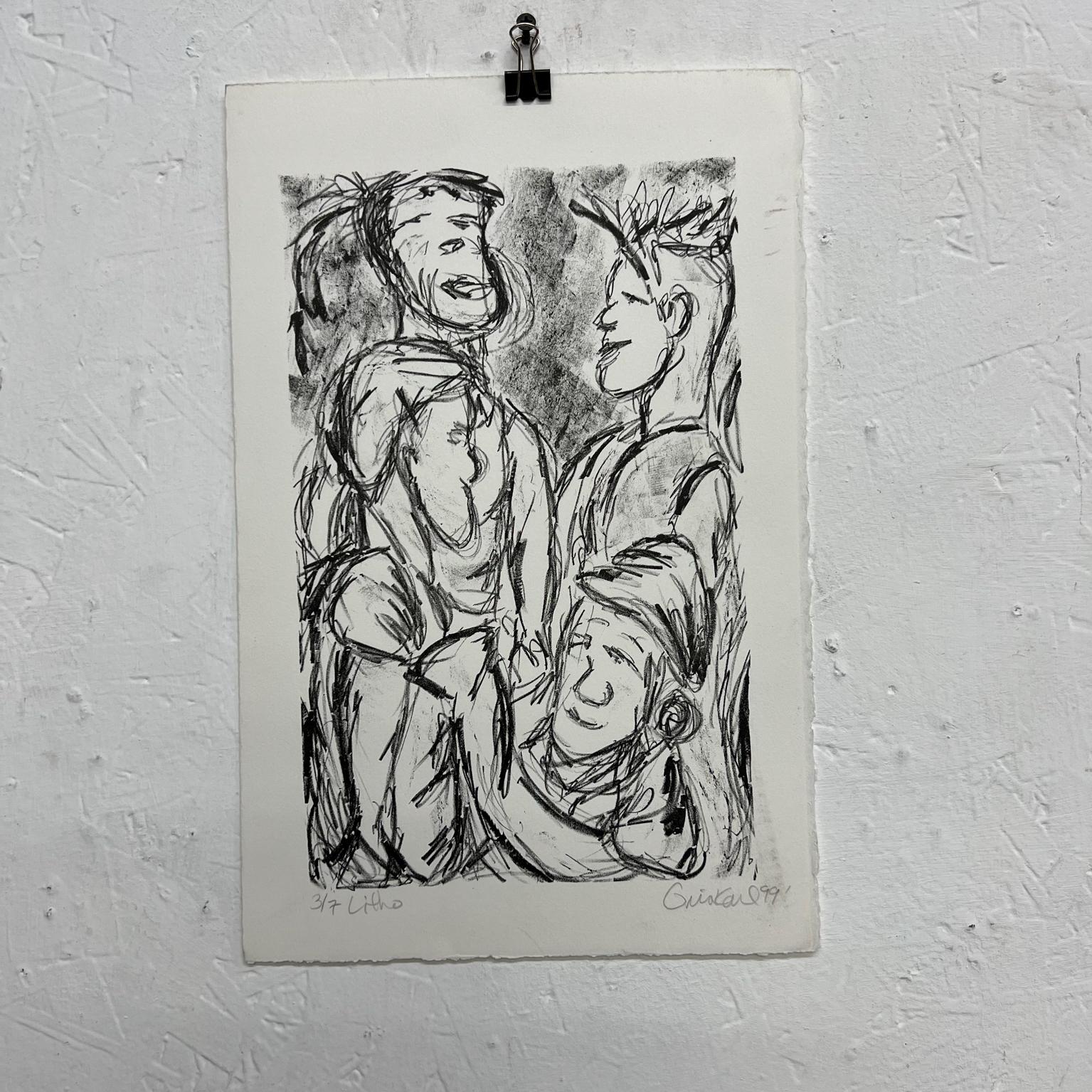 1999 Art by Gina Kail Lithograph 3/7 Abstract male figures
Measures: 9.5 x 14.5 art 7.5 x 11.75
Preowned original vintage unrestored art
See images please.
   