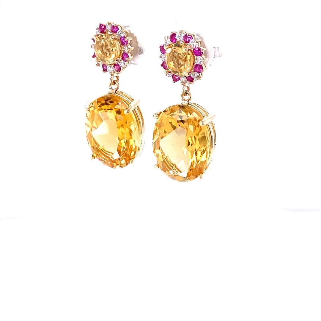 Contemporary 19.99 Carat Citrine Pink Sapphire Diamond Earrings 14 Karat Yellow Gold