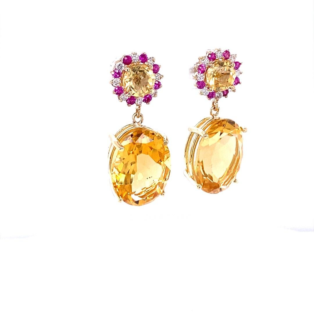 Oval Cut 19.99 Carat Citrine Pink Sapphire Diamond Earrings 14 Karat Yellow Gold