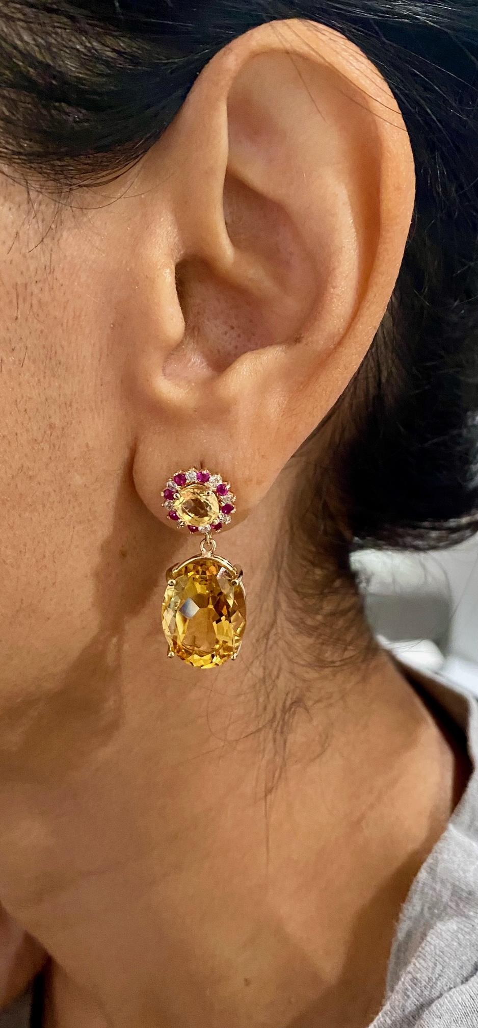 19.99 Carat Citrine Pink Sapphire Diamond Earrings 14 Karat Yellow Gold In New Condition In Los Angeles, CA
