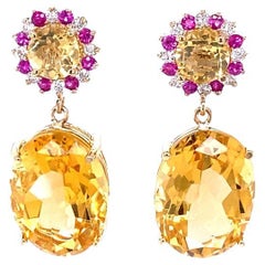 19.99 Carat Citrine Pink Sapphire Diamond Earrings 14 Karat Yellow Gold