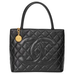 1999 Chanel Black Quilted Caviar Leather Vintage Medallion Tote 