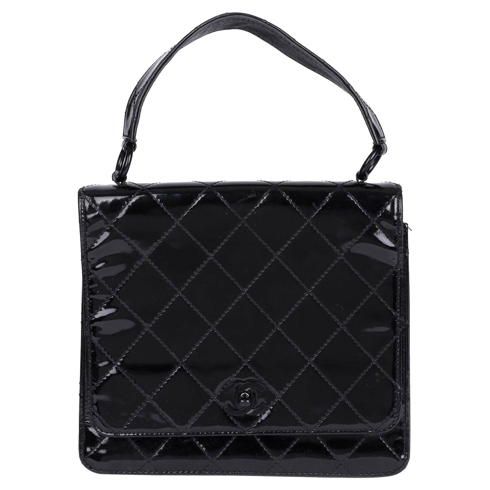 1999 Chanel Schwarze Vintage SO Schwarze klassische Einzeltasche aus gestepptem Lackleder