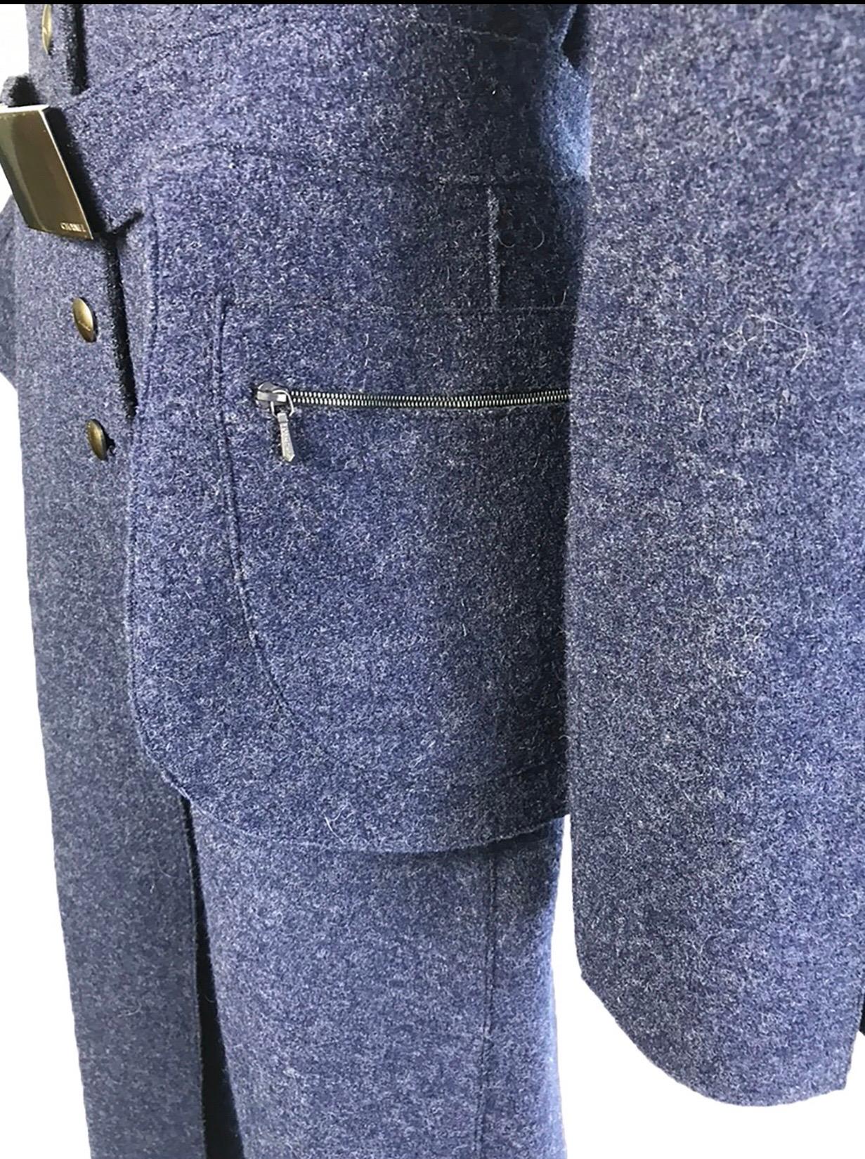 Women's 1999 Chanel Blue Wool Coat with Halter Pocket Belt