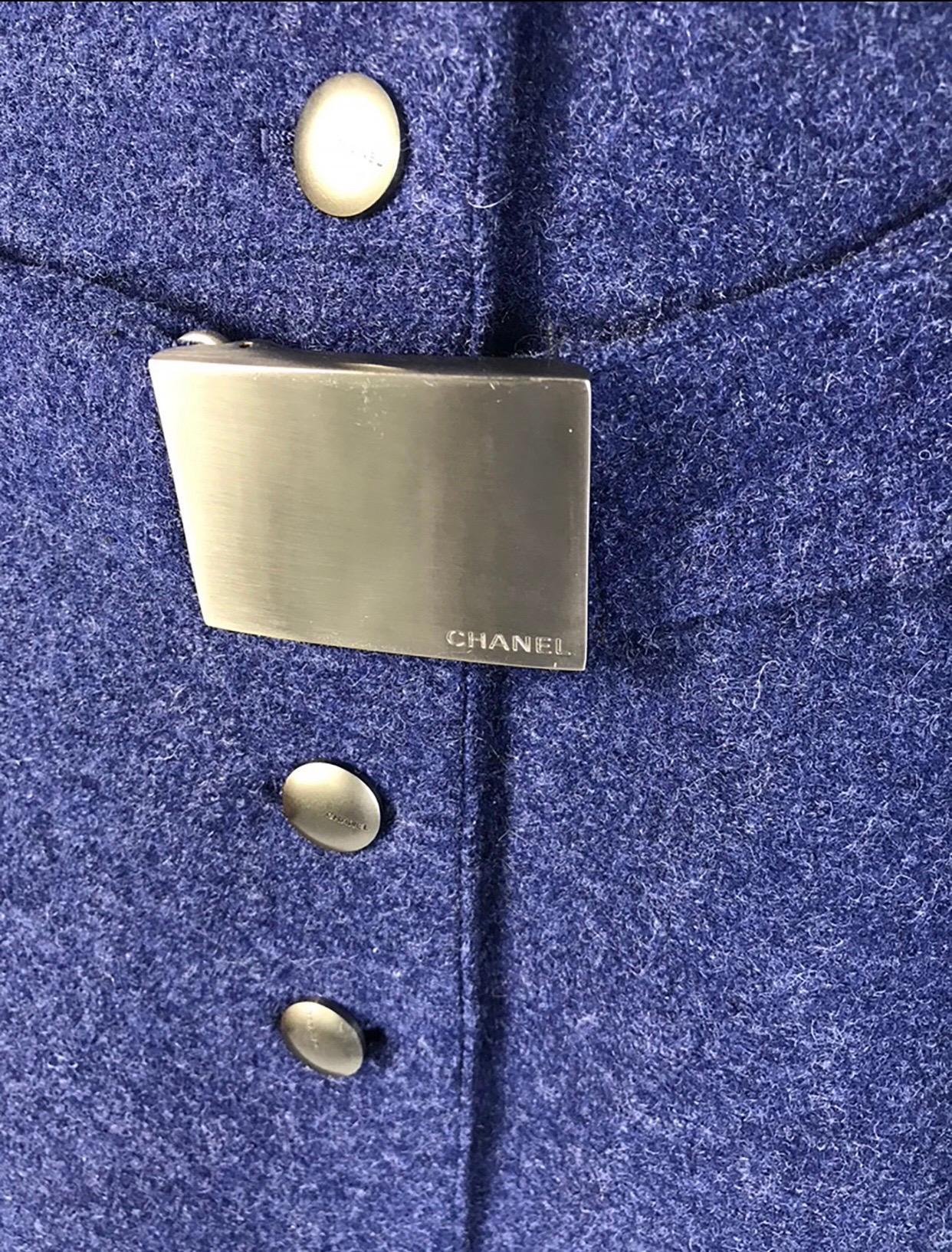 1999 Chanel Blue Wool Coat with Halter Pocket Belt 1